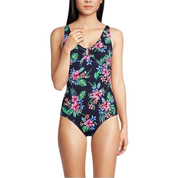 Land's End 1 piece Shirred bodice chlorine resist deepsea navy Rosella floral 12 - Picture 4 of 6
